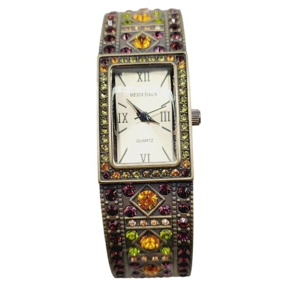 Heidi Daus Women's Double Trouble Cuff Wrist Watch Swarovski Crystals Brass Tone - Picture 1 of 9